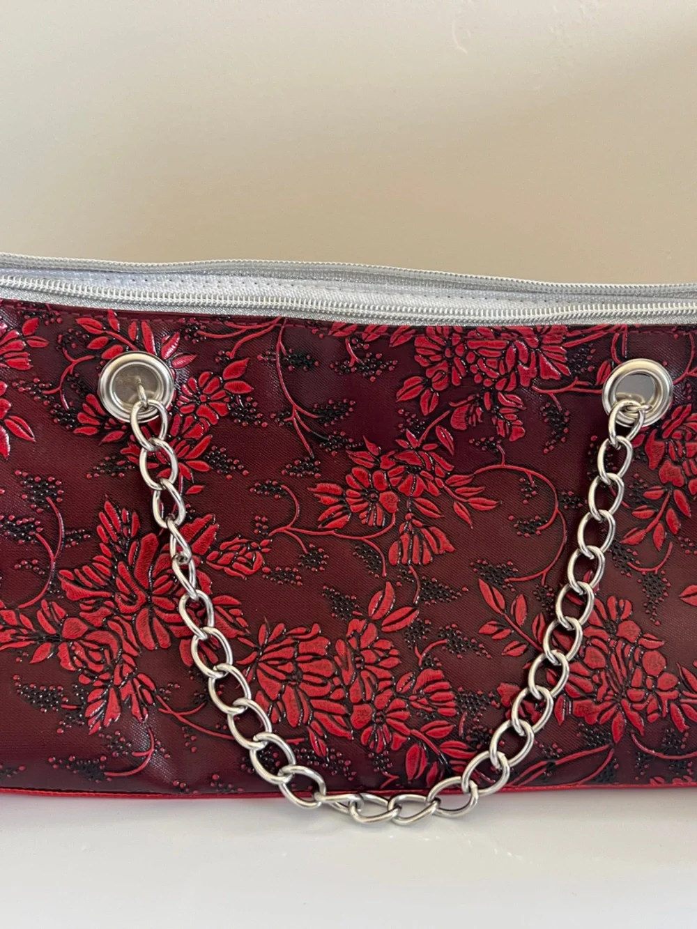 Iceware Red Floral Embossed Chain-Handle Clutch.